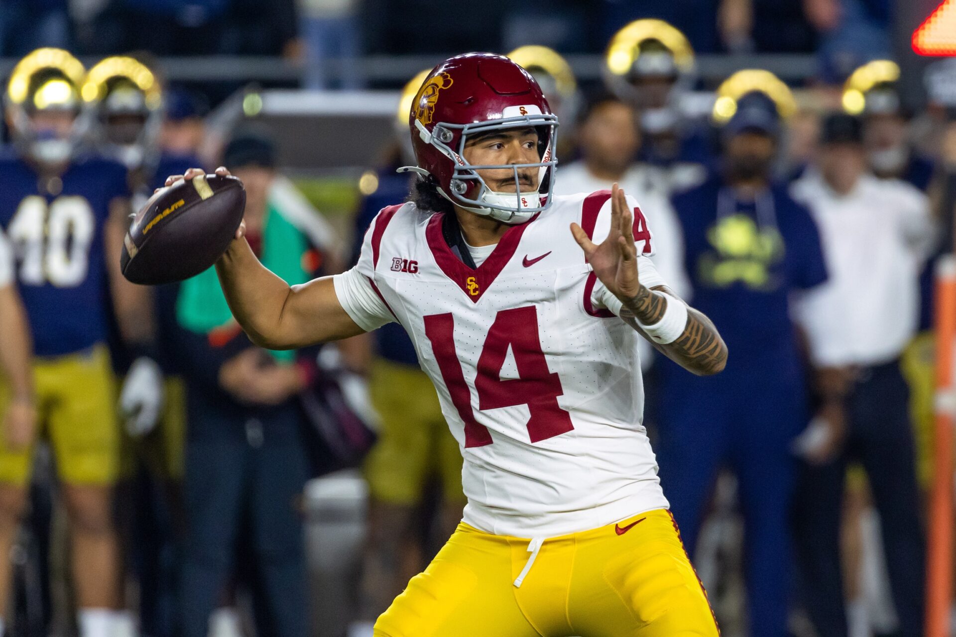 Southern California Trojans quarterback Jayden Maiava (14) passes the ball against the Notre Dame Fighting Irish during the first half at Notre Dame Stadium.