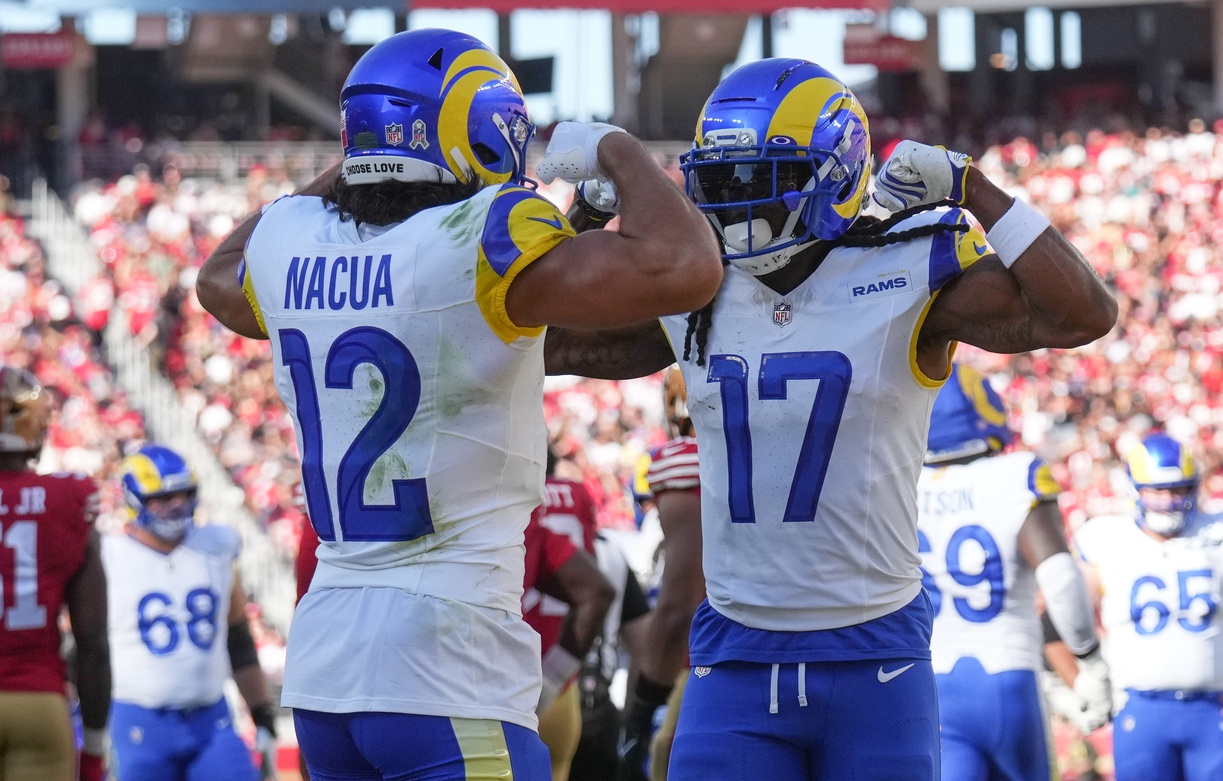 Los Angeles Rams wide receiver Puka Nacua (12) and Los Angeles Rams wide receiver Davante Adams (17) celebrate after a touchdown during the first quarter against the San Francisco 49ers at Levi's Stadium on Nov 9, 2025.