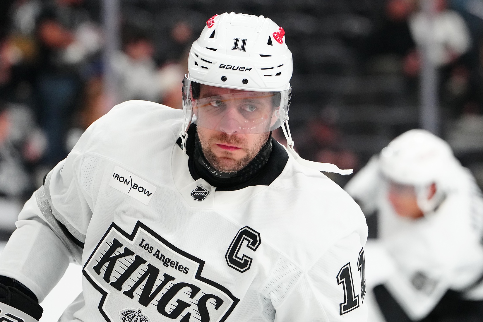 Los Angeles Kings center Anze Kopitar (11) warms up before the start of a game against the Vegas Golden Knights at T-Mobile Arena.