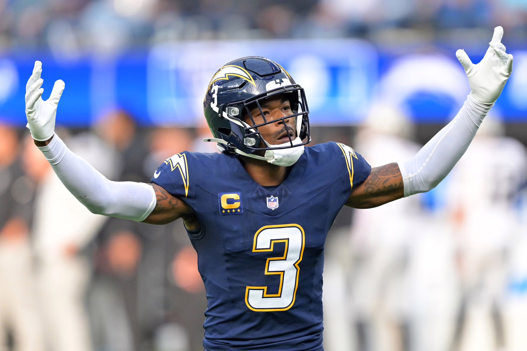 Los Angeles Chargers safety Derwin James Jr. (3) reacts against the Las Vegas Raiders during the first half at SoFi Stadium.
