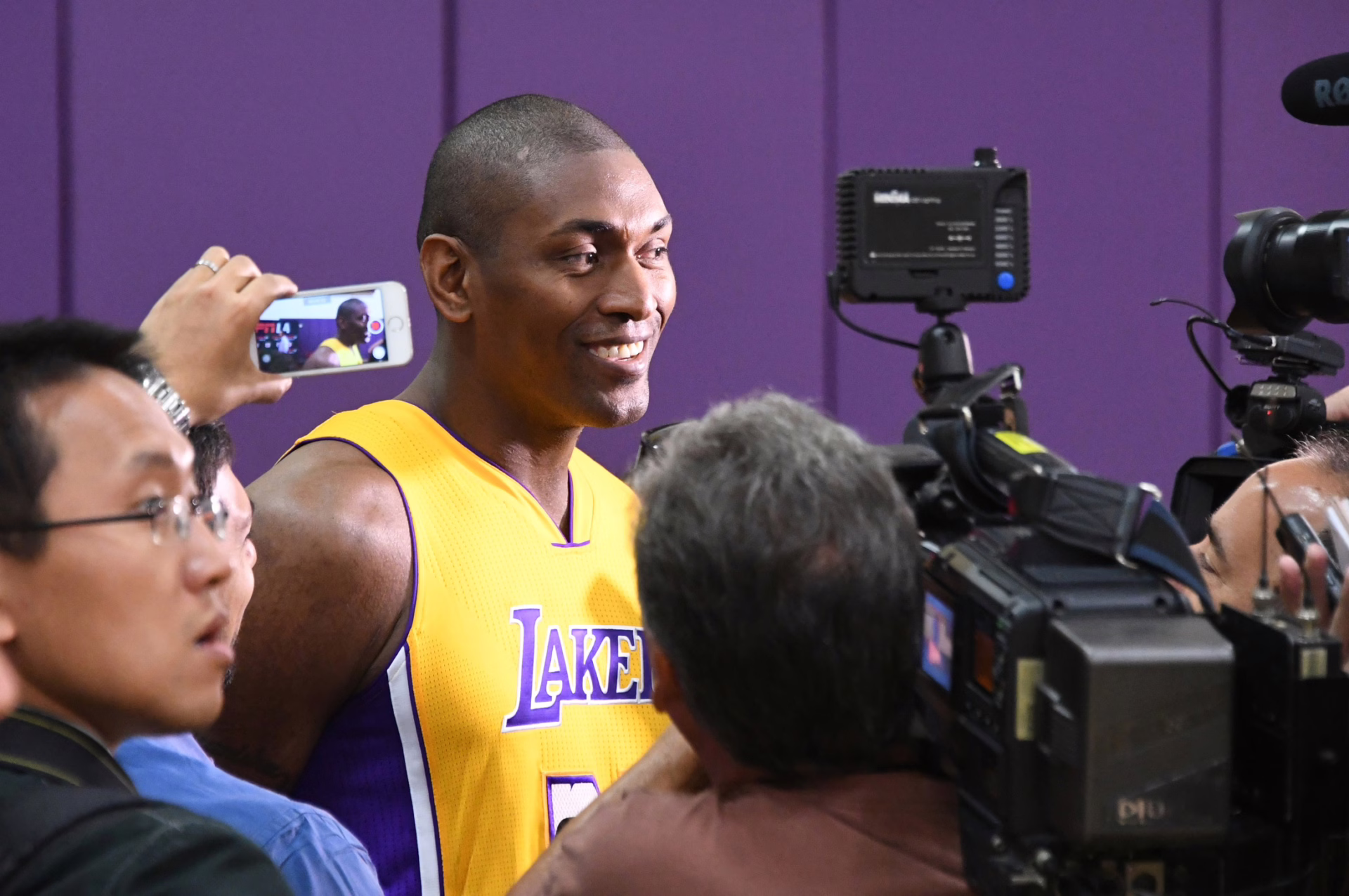 Los Angeles Lakers forward Metta World Peace (Ron Artest) is interviewed by reporters at media day at Toyota Sports Center..