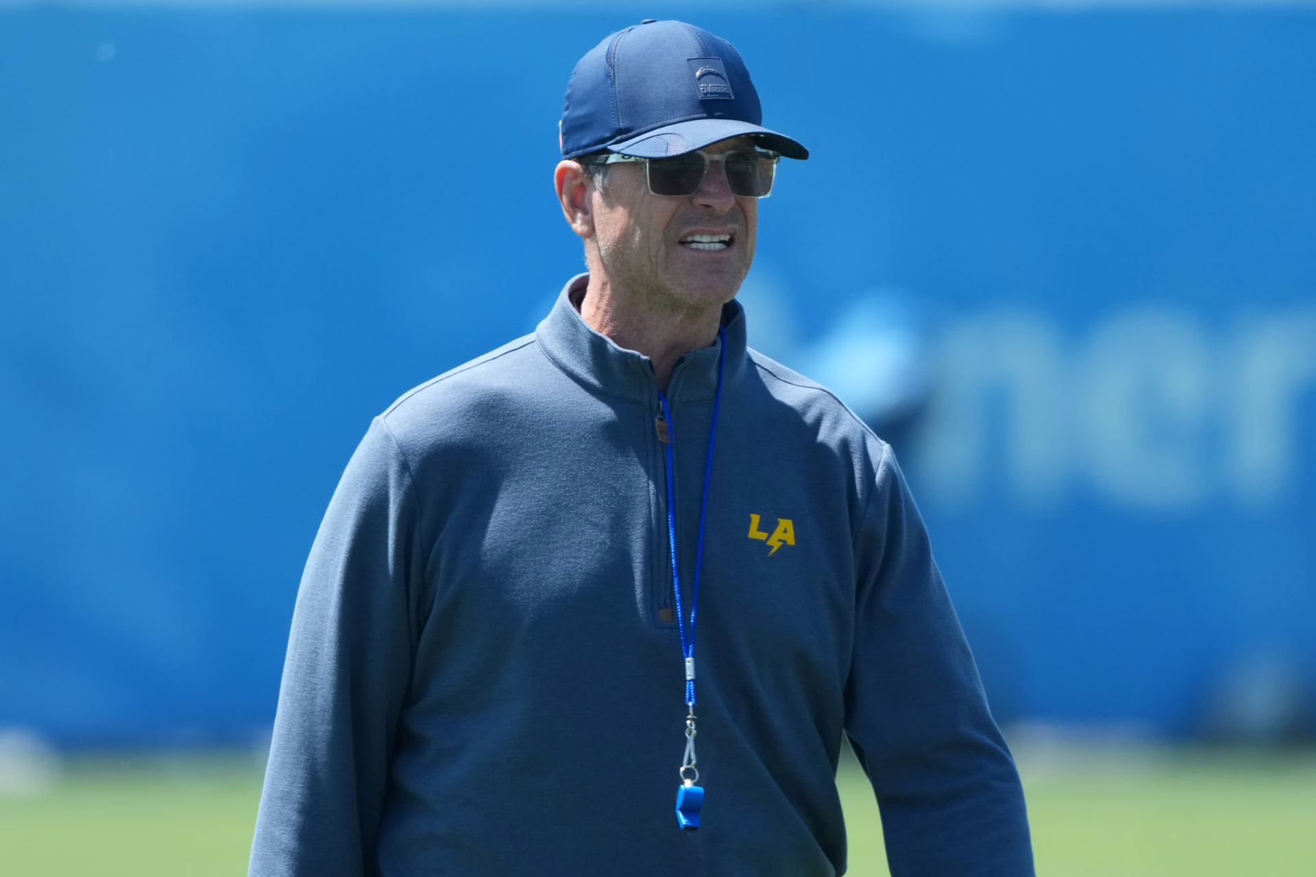 May 19, 2026; El Segundo, CA, USA; Los Angeles Chargers coach Jim Harbaugh during offseason workouts at The Bolt. Mandatory Credit: Kirby Lee-Imagn Images