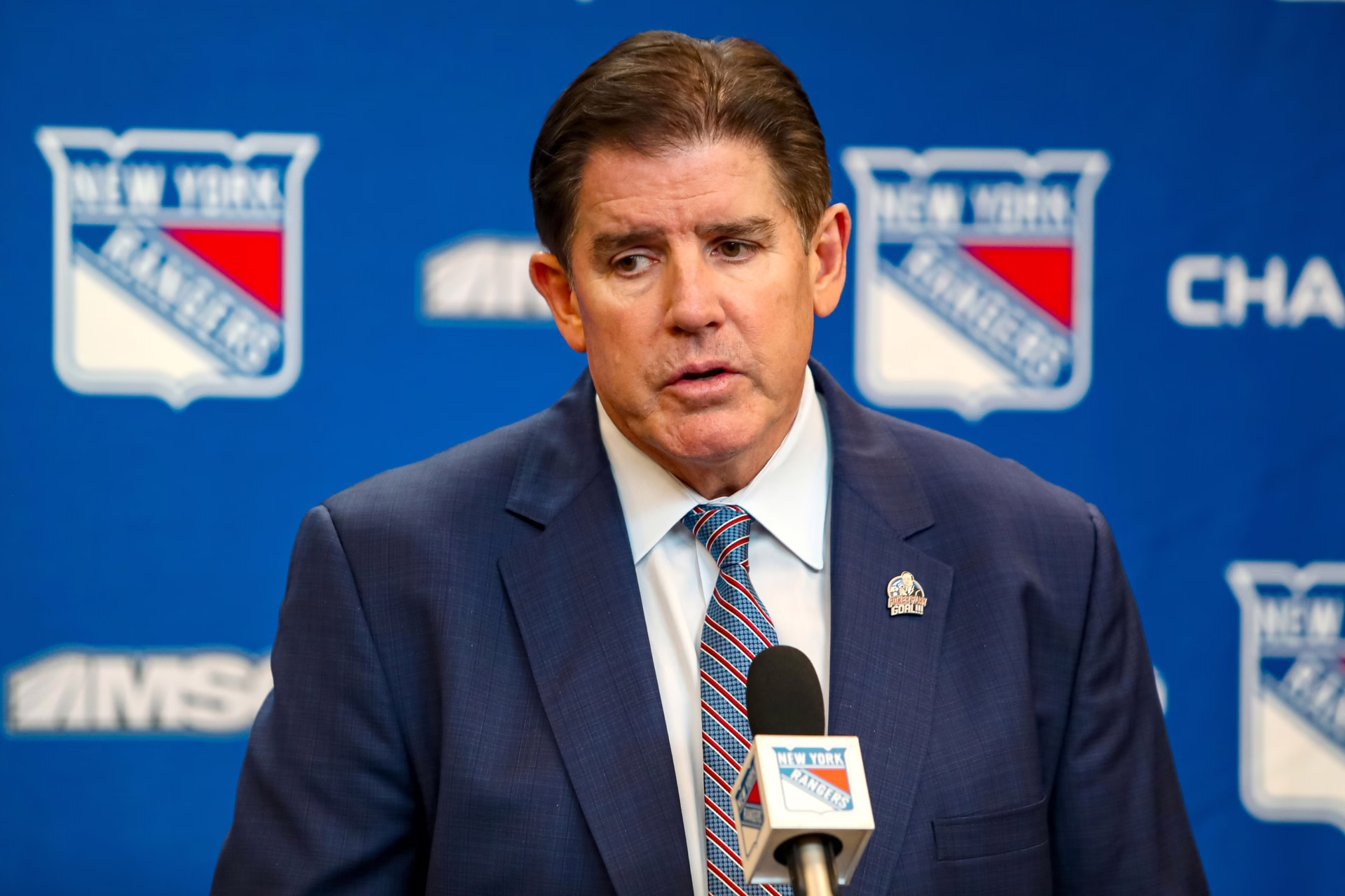 New York Rangers head coach Peter Laviolette speaks with the media after a 5-3 win against the Vancouver Canucks at Madison Square Garden.