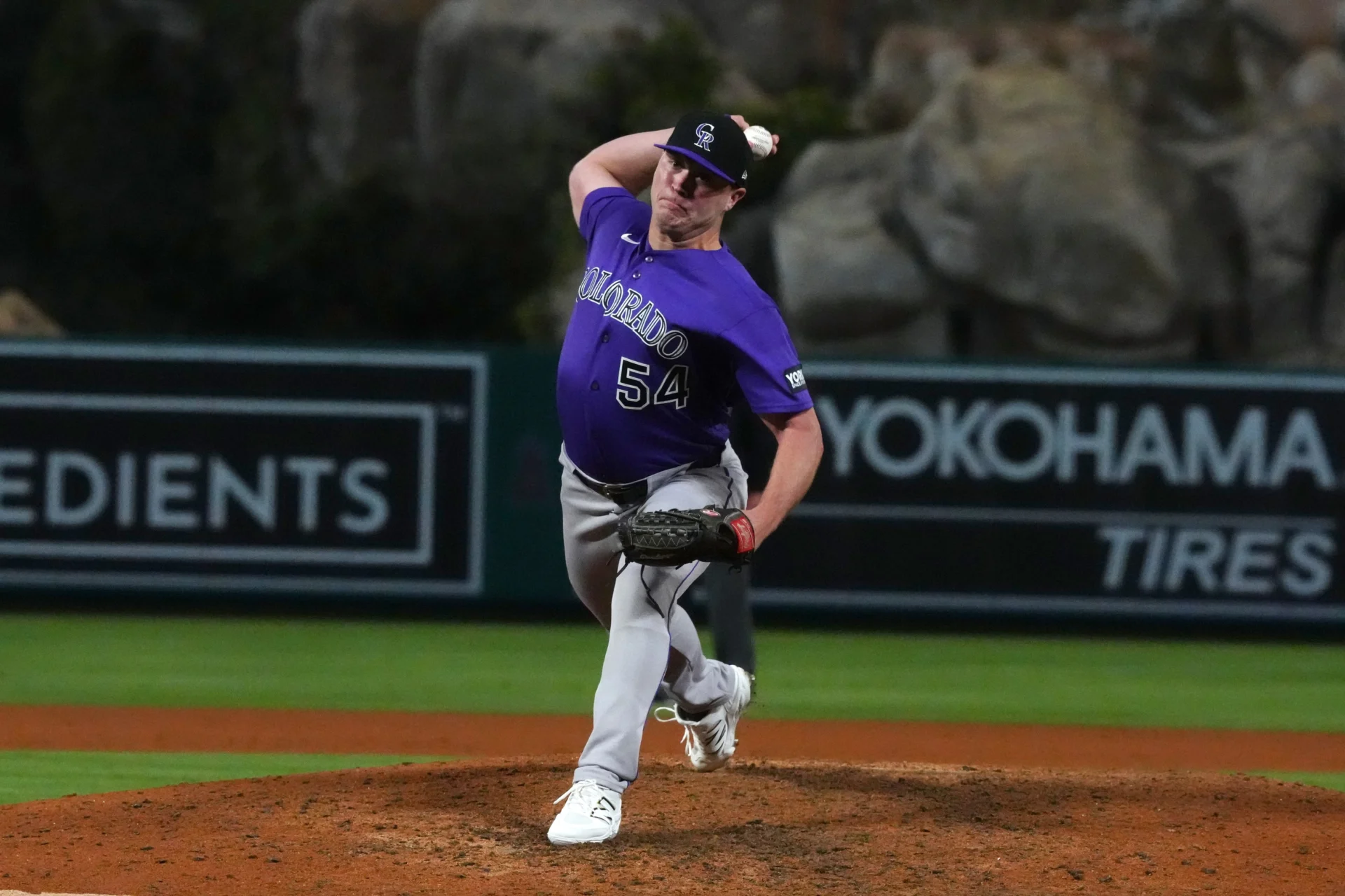 Colorado Rockies pitcher Seth Halvorsen (54) throws against the Los Angeles Angels at Angel Stadium.