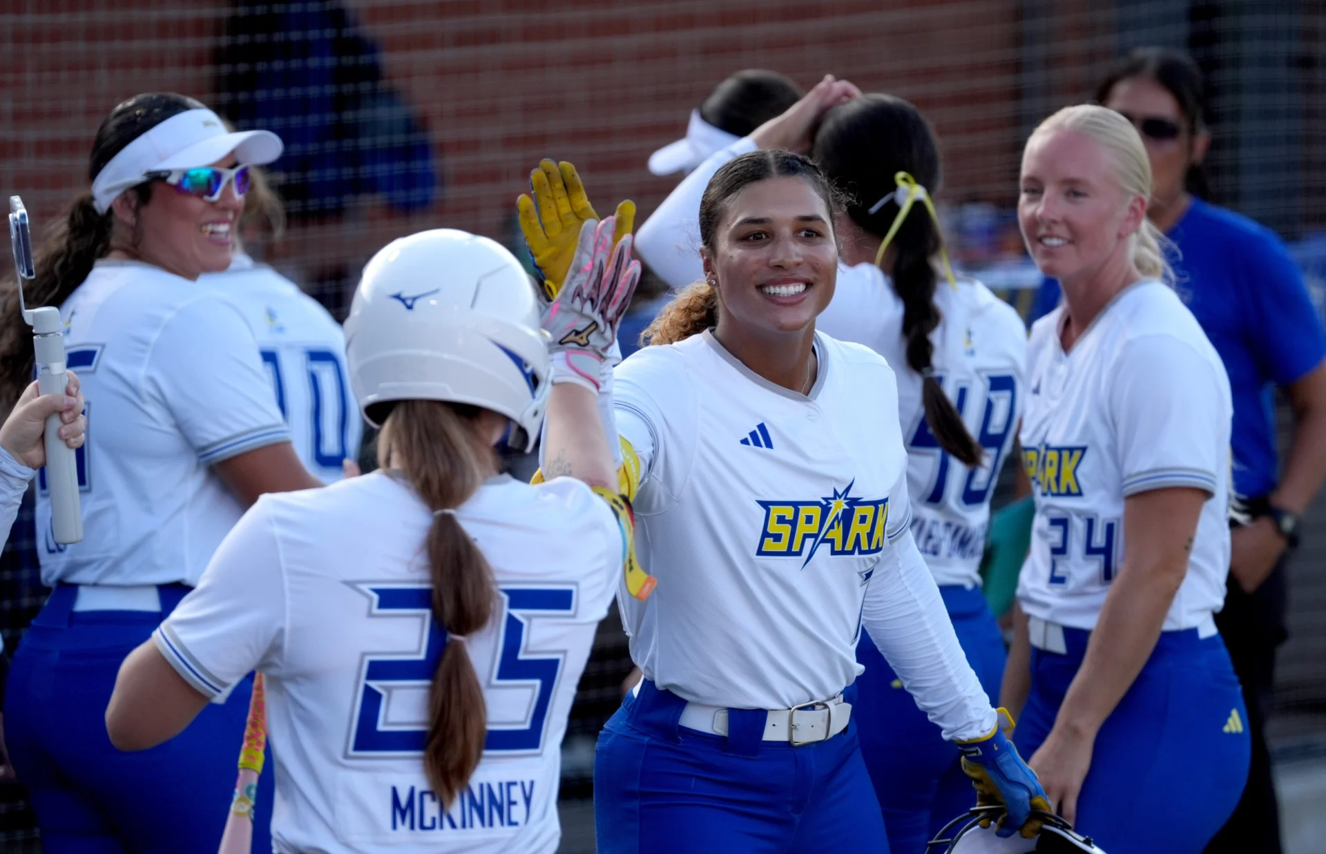 Oklahoma City's Maya Brady celebrates a home run during AUSL softball game between the Oklahoma City Spark and the Utah Talons at Oklahoma Christian University, July 9, 2026. The Spark won 4-3.