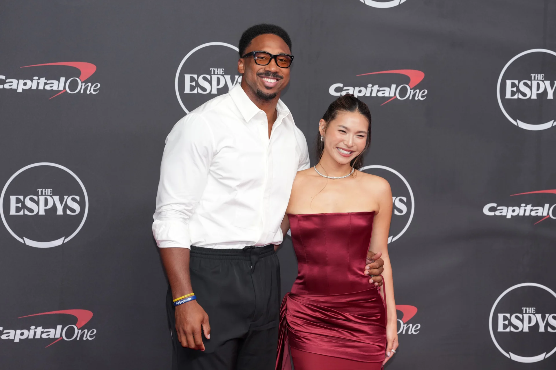 Chloe Kim and Myles Garrett arrive on the red carpet before the 2026 ESPY Awards at Lincoln Center.