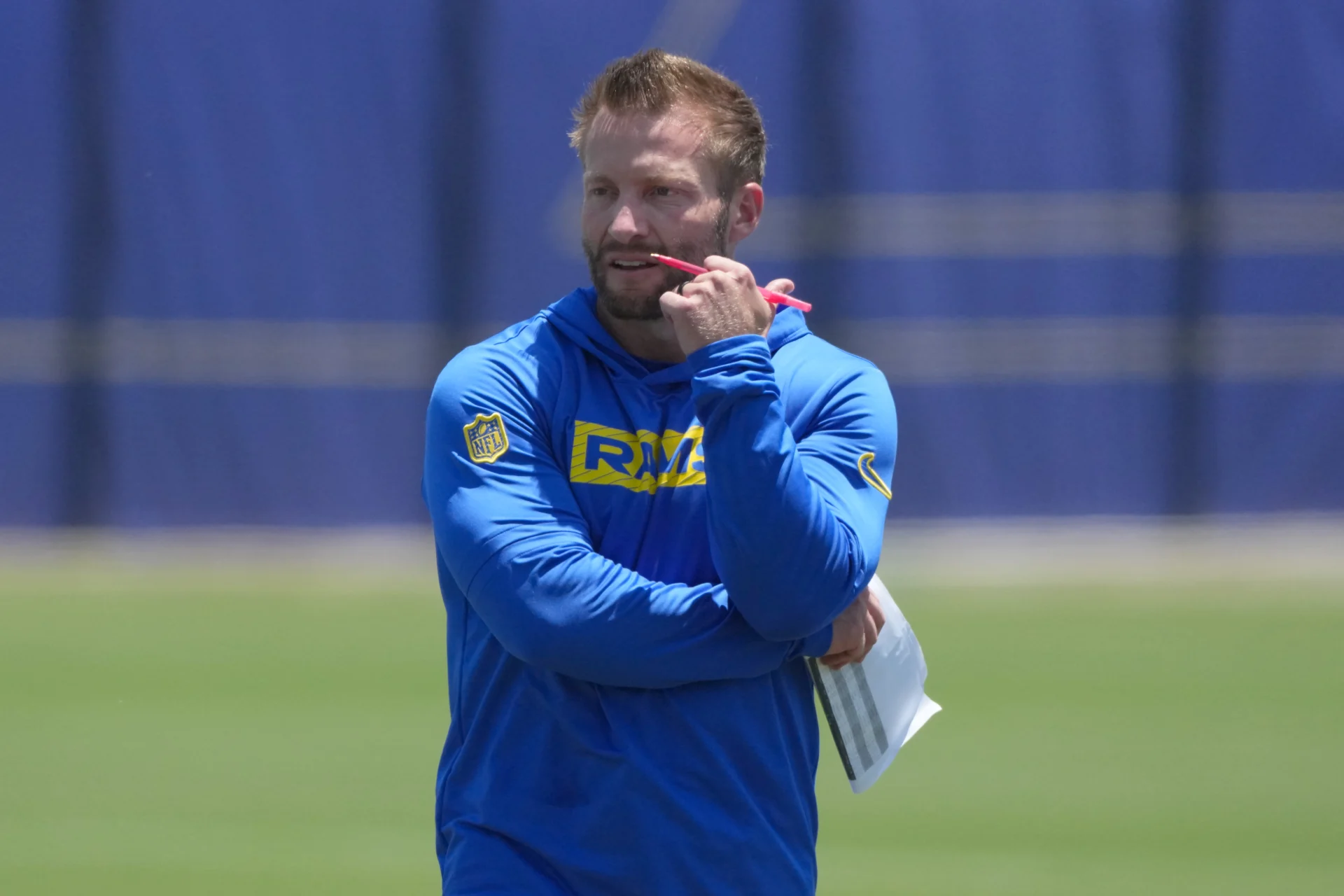 Jun 2, 2026; Woodland Hills, CA, USA; Los Angeles Rams coach Sean McVay during organized team activities at Rams Practice Facility. Mandatory Credit: Kirby Lee-Imagn Images