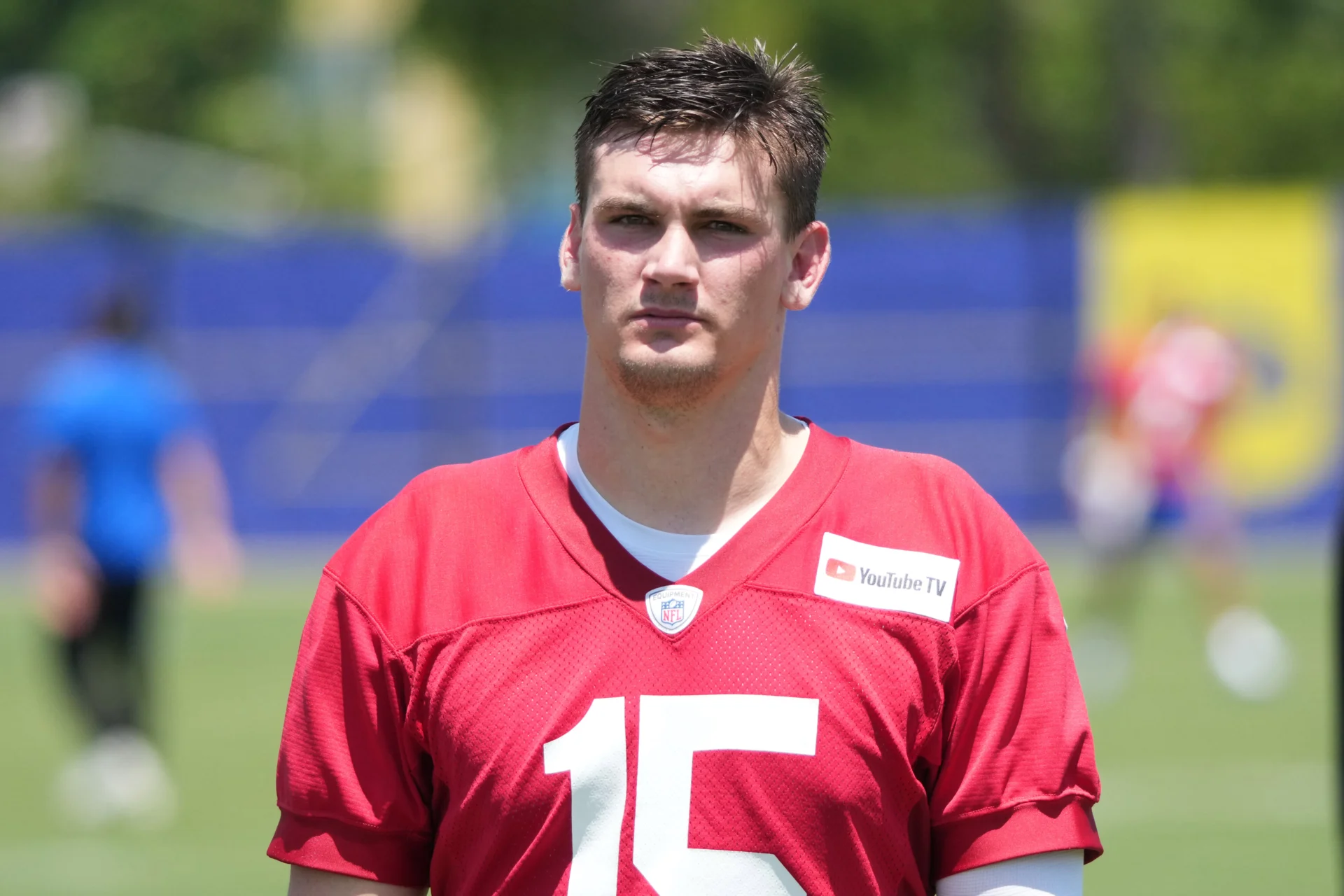 Jun 2, 2026; Woodland Hills, CA, USA; Los Angeles Rams quarterback Ty Simpson (15) during organized team activities at Rams Practice Facility. Mandatory Credit: Kirby Lee-Imagn Images